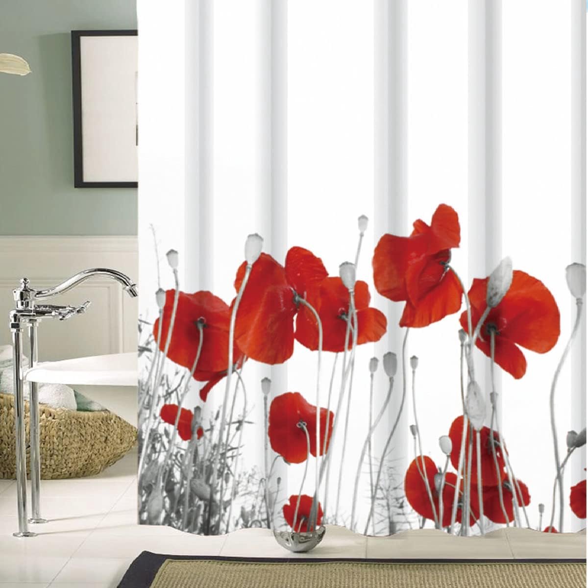 Douchegordijn 180 x 100 cm - Textiel - Klaprozen wit rood - Waterafstotend en wasbaar - ShopVlot
