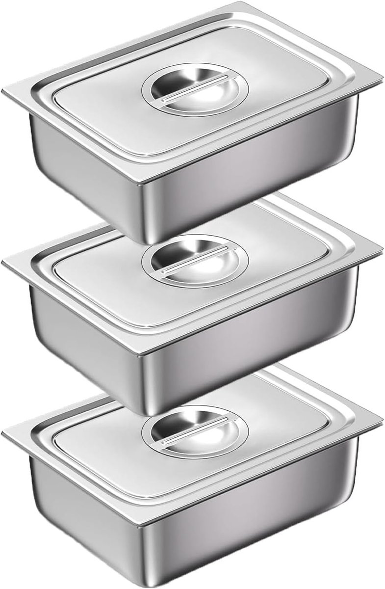 Breading trays set van 3 GN 1/2-32.5 x 26.5 x 6.5 cm - RVS - Met deksel - Voor het breaden van vlees en vis - ShopVlot