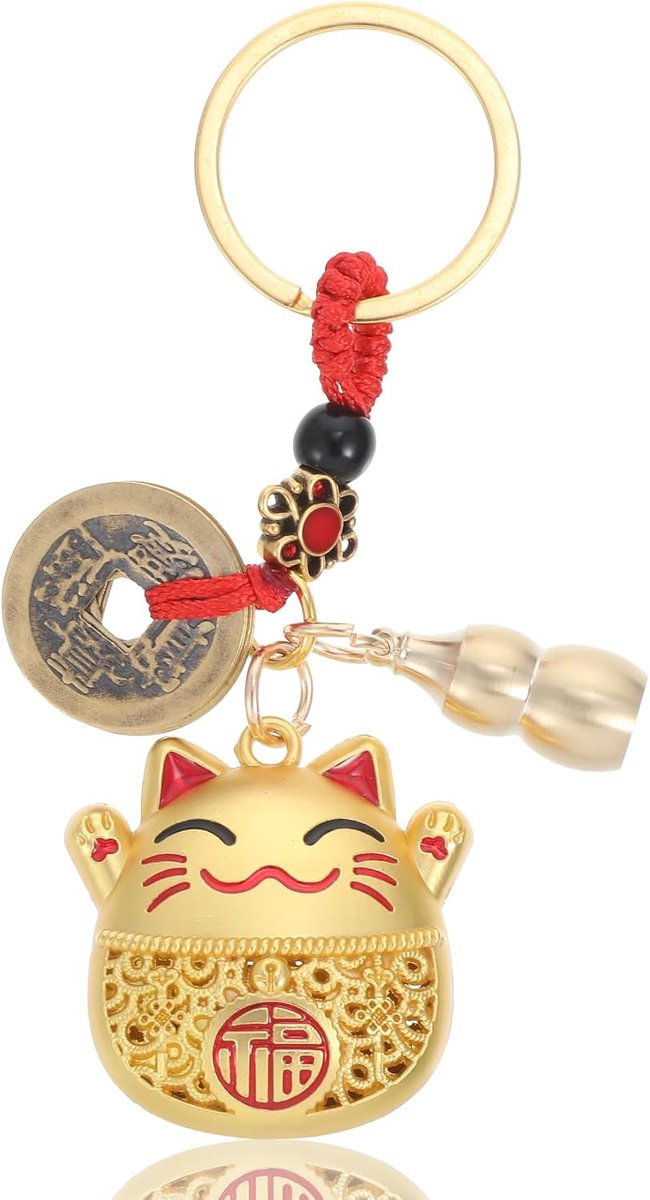 Maneki Neko geluksfiguur 10 cm - Japanse kat met vijf keizerlijke munten - voor voorspoed en bescherming - ShopVlot