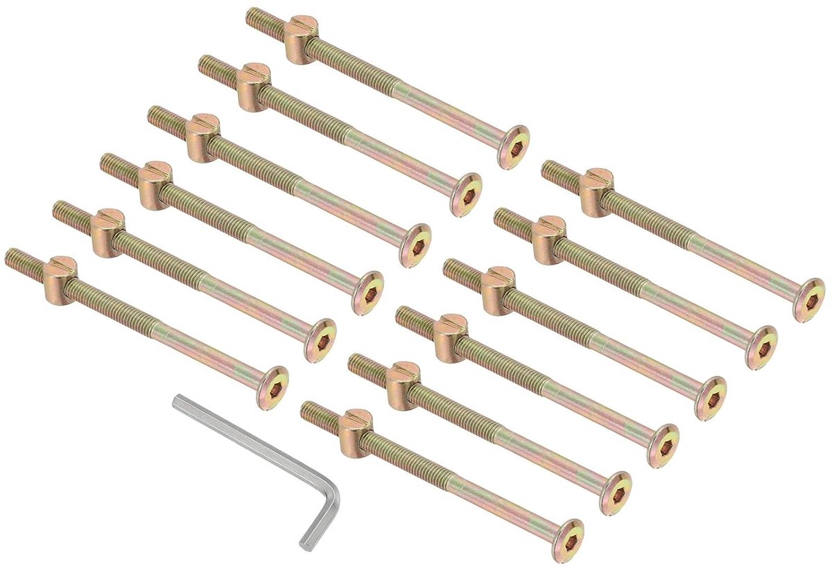 Stapelbedschroeven M6 x 95 mm, 12 stuks met zeskantkop, moeren en assortimentset met 1 moersleutel voor meubels en bedden, verzinkt