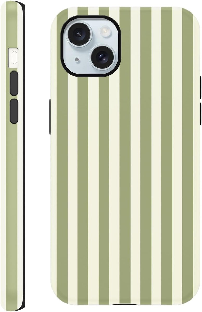 2-in-1 zomer gestreepte hoes voor iPhone 15 Plus 6,7 inch, esthetisch groen gestreept patroonontwerp, dunne siliconen TPU hoes voor dames en meisjes, schokbestendige bescherming, krasbestendig