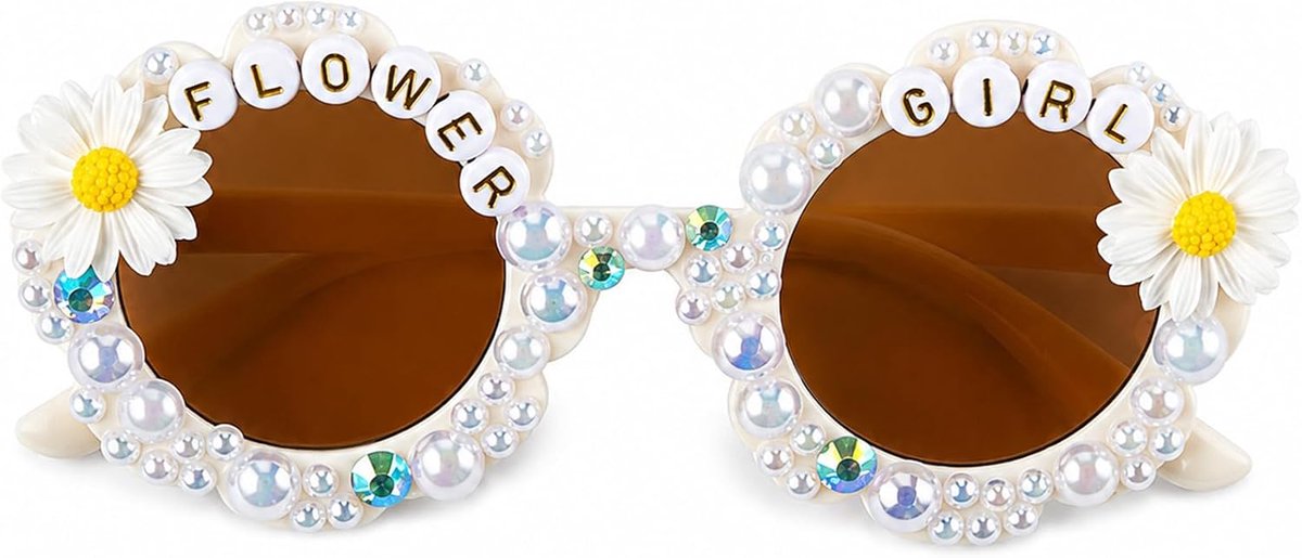 Girl Proposal zonnebril 1 stuk, witte hartvormige zonnebril voor bruiloft vrijgezellenfeest, Flower GIRL kinderbril met parel-strass-letterdecoratie, fotogeniek voor bruid