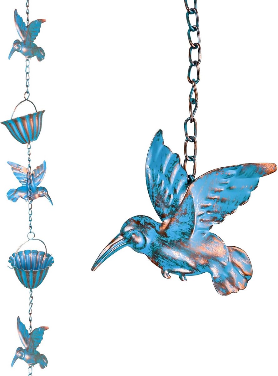 Regenketting afvoerketting, 2,4 m kolibries Regenkettingen met 7 vogels en 7 kopjes van metaal in retro blauw geschikt voor dakgoten tuinen en als woondecoratie