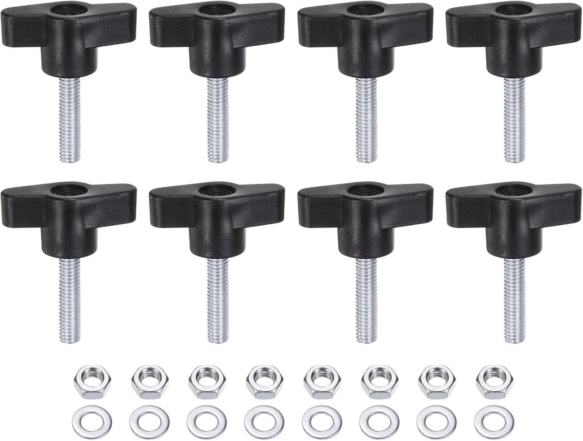 8 stuks T-handgrepen, M6 x 25 mm, metrische schroefdraad, 36 mm, Z/T-kop, kunststof handgrepen, handschroeven, voor het vastdraaien van schroefdraadschroeven, moeren sluitringen, zwart