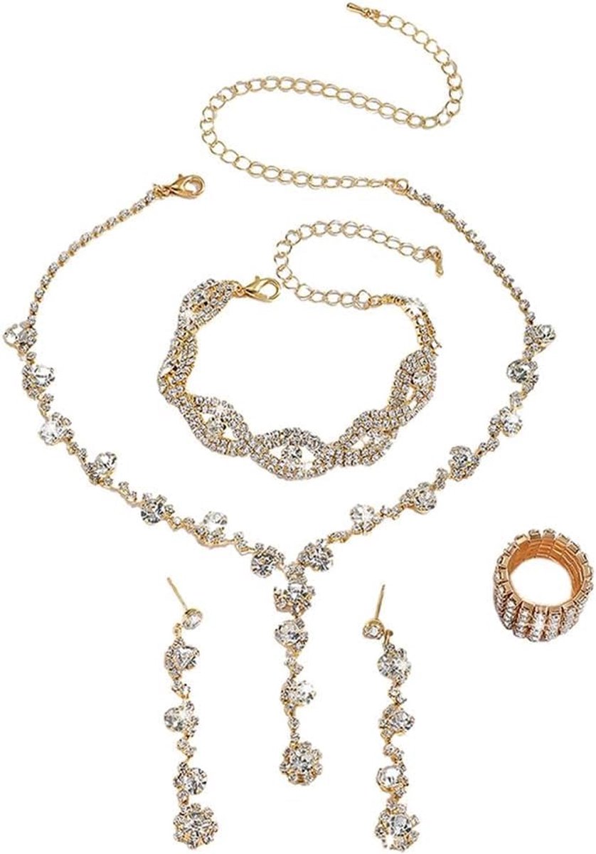 Sieradensets voor dames, bruidssieraden, set, kristal, bruiloft, sieradenset, strass, halsketting, armband, oorbellen, ring, elegante sieradensets, cadeauset, jubileum, verjaardag, feest
