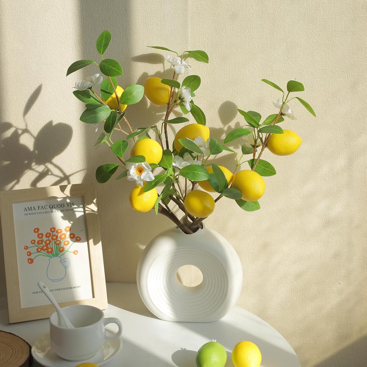 Kunstcitroentak, 9 koppen, kunstcitroenen, 52 cm, kunstmatige citroenstelen met magnolia-bloemen en wilgenbladeren, voor zomerdecoratie in keuken, thuis, boerderij en op feestjes