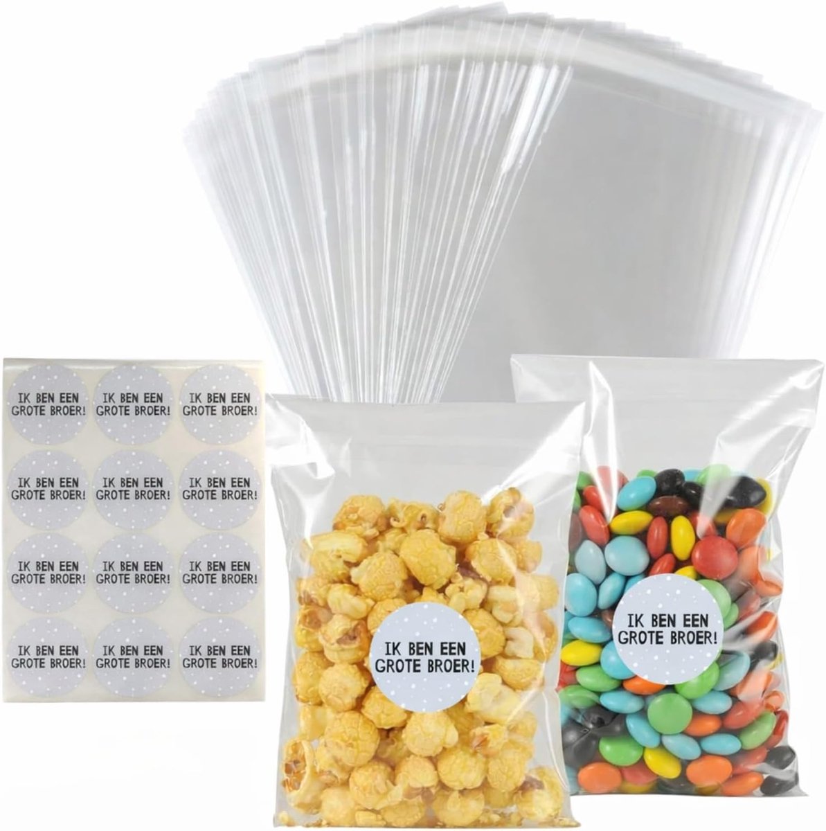 Treat Bags Big Brother - 50 Transparante Tassen 10x15cm - Inclusief 60 Stickers - Perfect voor Babyshower - SnelShoppen
