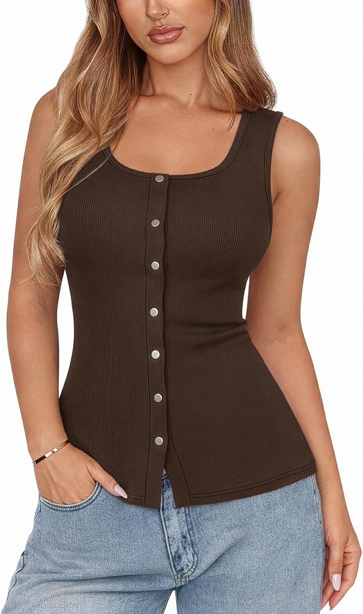 Tanktop voor dames, zomer, mouwloos, ronde hals, tanktop met knoopsluiting, geribbelde tanktop, top, vrouwen, slim fit, gebreide top, onderhemden