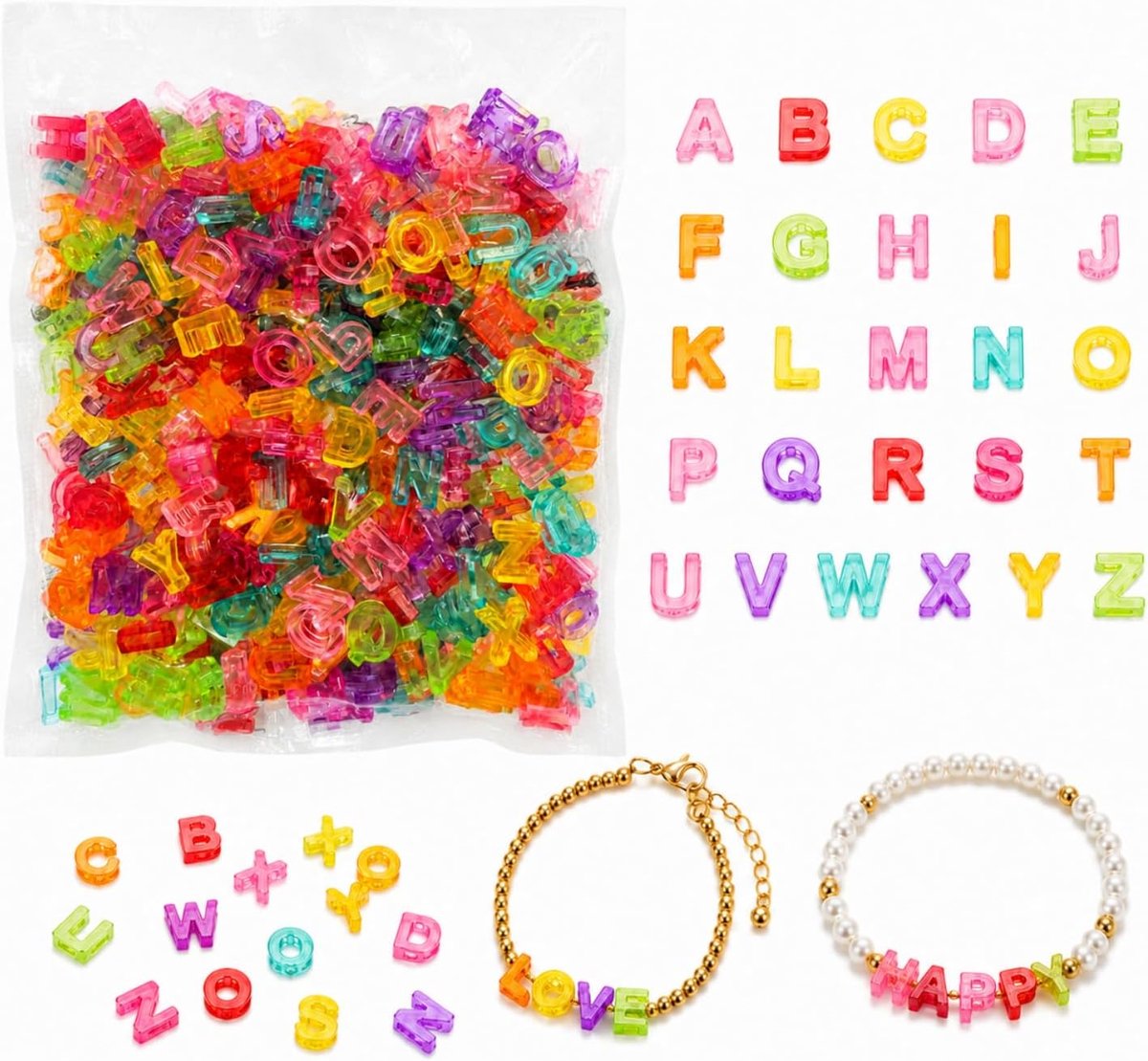 Kralen, kleurrijke 12 mm 3D A-Z alfabetkralen | willekeurig gemengde matte kunststof kralen met letters voor het maken van sieraden, doe-het-zelf knutselwerk en decoraties