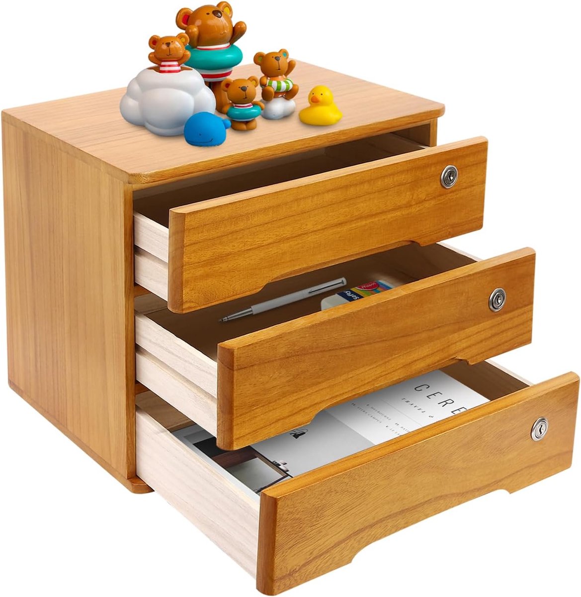 3-laags bureau-opbergbox, desktop-opbergdoos met afsluitbare lade, bureaubenodigdheden, lade, organizer voor kantoor, studie, dresser, file organizer, platte plank, kast, hout geel