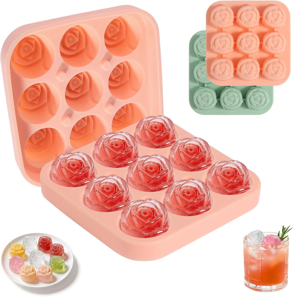 siliconen, 2 stuks, rozen, ijsblokjesvorm met deksel, BPA-vrij, 18 vakken, rozen, ijsblokjeshouder, ijsblokjesvormen voor ijs, whisky, cocktail