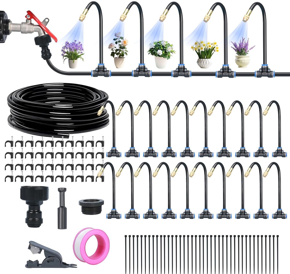 Irrigatiesysteem voor de tuin, 360° gebogen tuin, automatisch irrigatiesysteem, irrigatieslang, verhoogd bloembed voor tuin, gazon, moestuin, boerderij (20 m, met grondspikes)