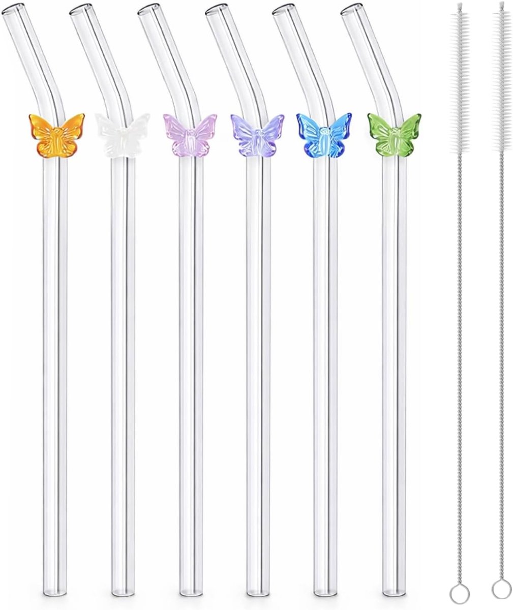 Herbruikbare glazen rietjes, gebogen met vlindermotief en reinigingsborstel, borosilicaatglas voor bubble tea, sappen, cocktails, smoothies, koffie