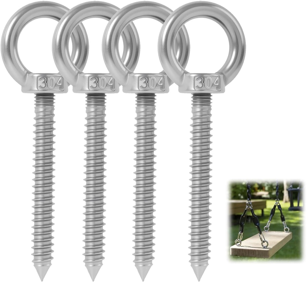 4 stuks ringschroef M10 oogschroef M10 roestvrij staal 304 lang met gesloten oog voor hoge lasten binnen en buiten M10 x 80 mm voor hangmatten schommel luifel plafondmontage