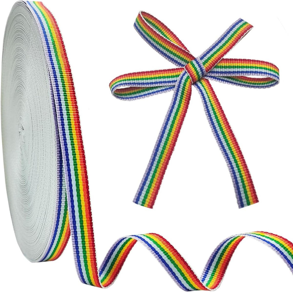 7 Kleuren Gemengd Gestreept Grosgrain Lint, 10 mm × 50 m, Regenboogstrepen, Dubbelzijdig Polyester Lint voor Kunst, Doe-Het-Zelf Knutselen, Geschenkverpakking, Bruiloften en Feestdecoratie