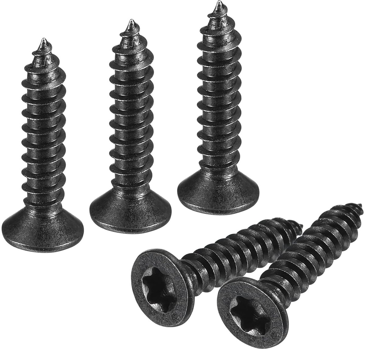 # 6 x 3/4 inch platte kop Torx/ster houtschroeven, 150 stuks 304 roestvrij staal, volledige schroefdraad, zwart gecoat, zelfsnijdend, geschikt voor T10 bit voor hout, zacht metaal