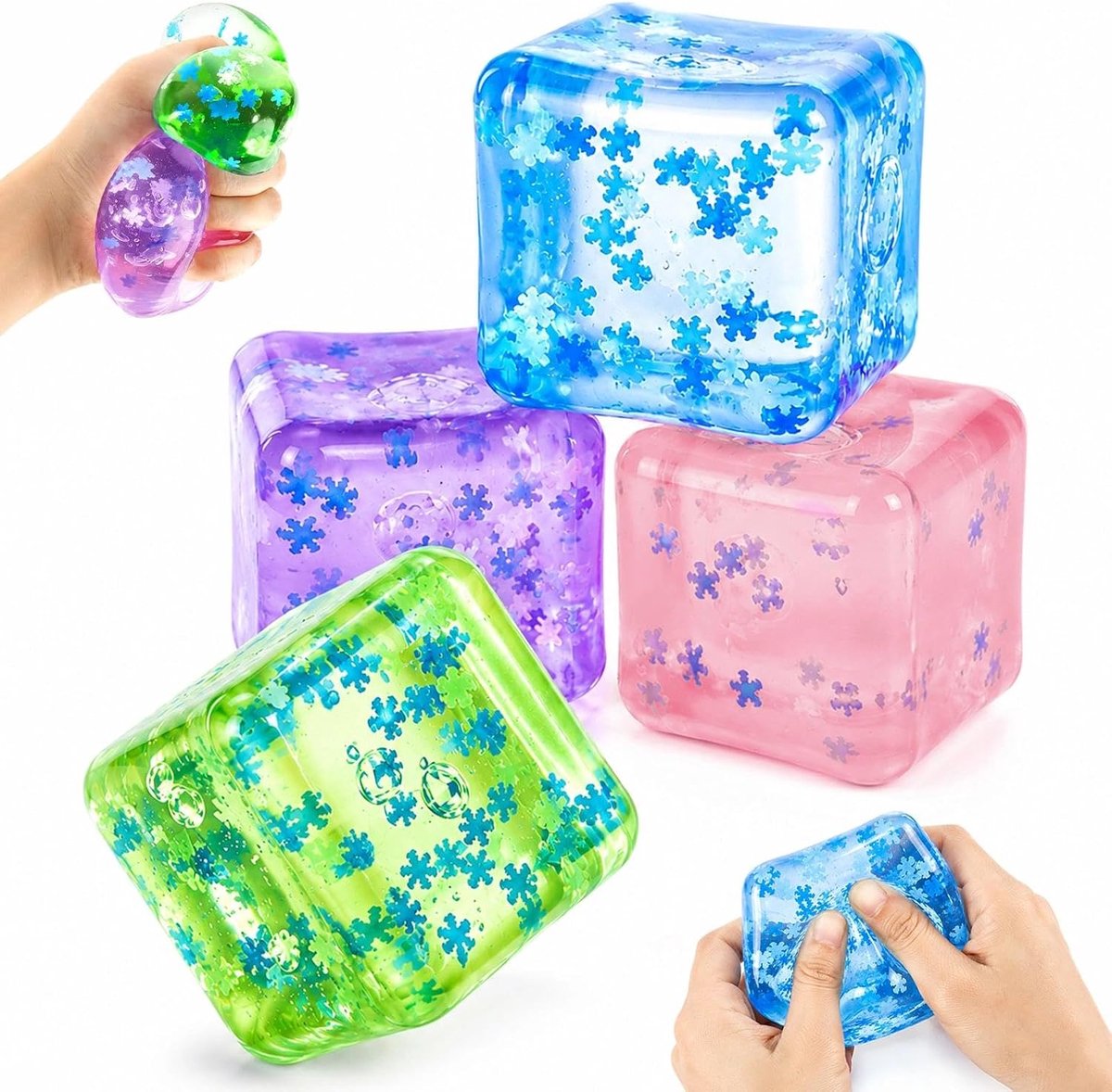 4 stuks Ice Cube Squishy met sneeuwvlokken, squishy speelgoed, 5,5 cm
