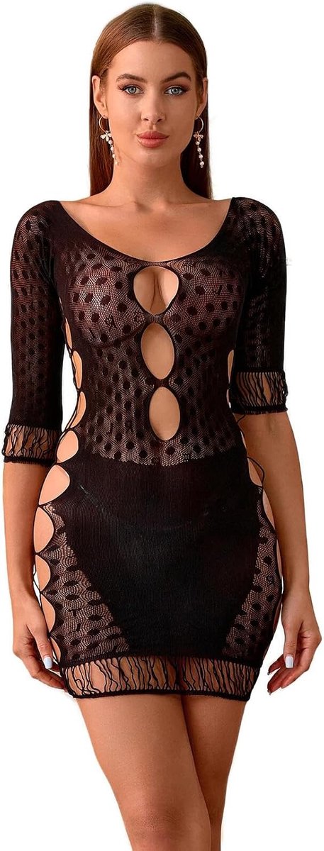 Dameslingerie, mesh, bodycon, sexy mini-jurk, cut-out, visnet, doorzichtige lingerie, club, partyjurk, outfit, nauwsluitende wikkelrok