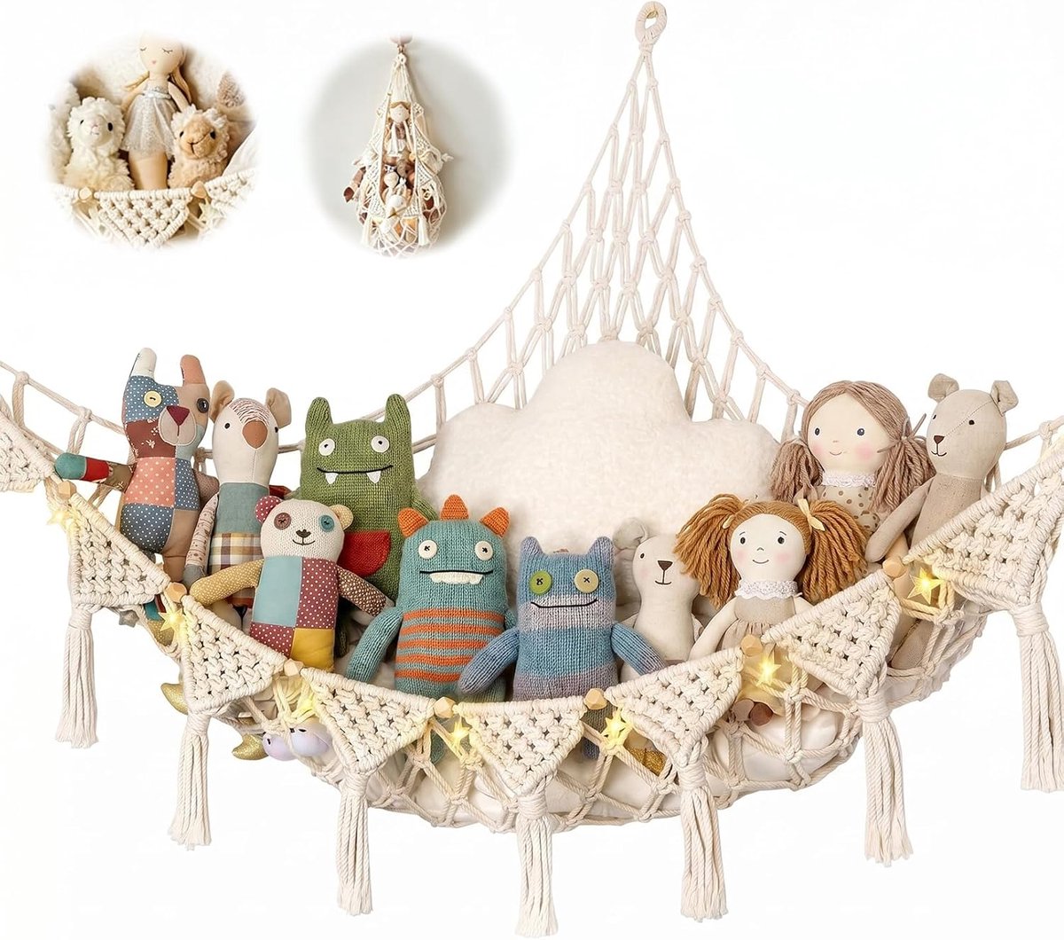 Opbergnet voor knuffeldieren, boho-hangmat, speelgoedopslag, hangend