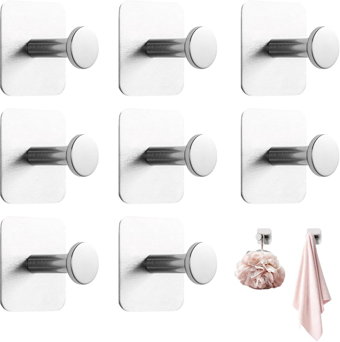 Handdoekhaken RVS – 8 Stuks Wandhaken zonder Boren, Sterke 3M Kleefpads, Waterdicht & Roestvrij, Ideaal voor Badkamer, Keuken en Deur, Modern Zilveren Design