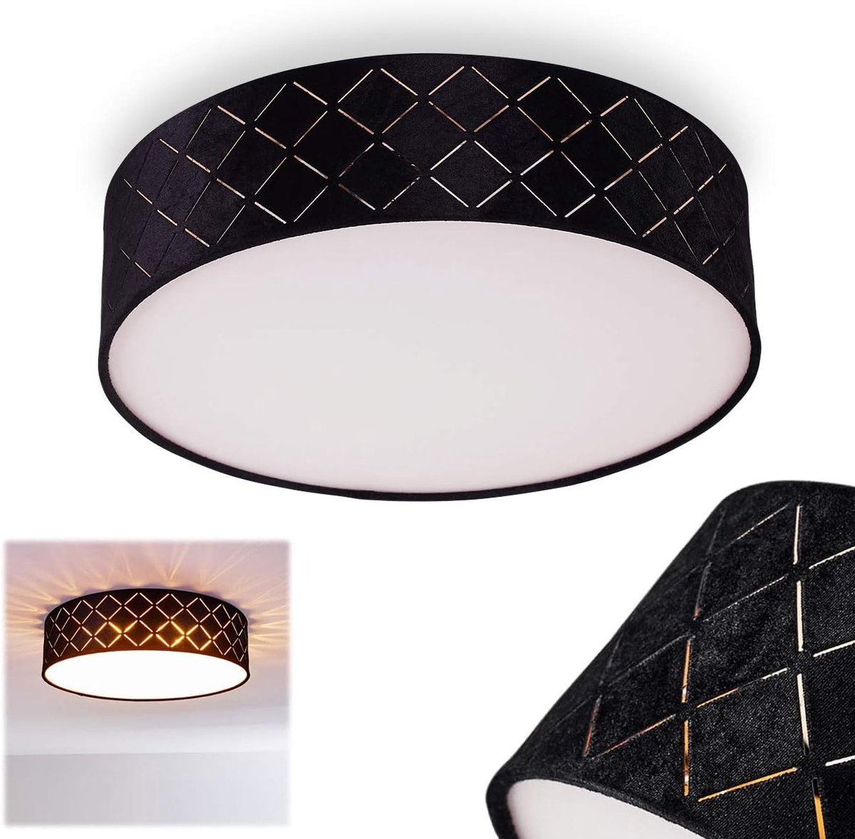 Plafondlamp Chazy, ronde plafondlamp van kunststof/textiel in wit/zwart/goud, 2 lampen, 2 x E27 fitting, retro/vintage design, zonder gloeilampen