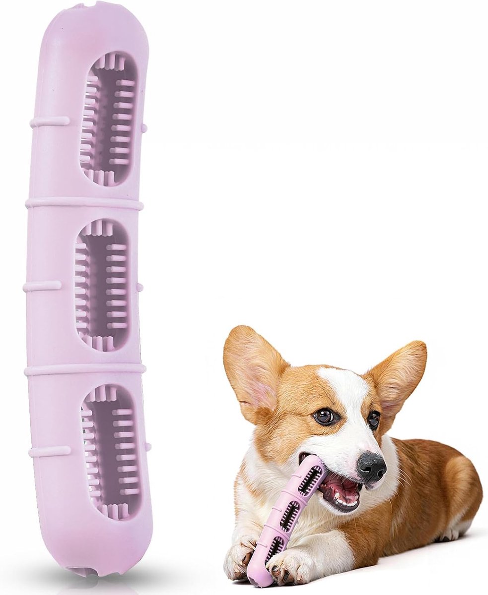 Kauwspeelgoed, tandstok voor honden, rubberen puppyspeelgoed met borstelharen, robuust en duurzaam, tandslijpstang rubber, kleine middelgrote honden, roze