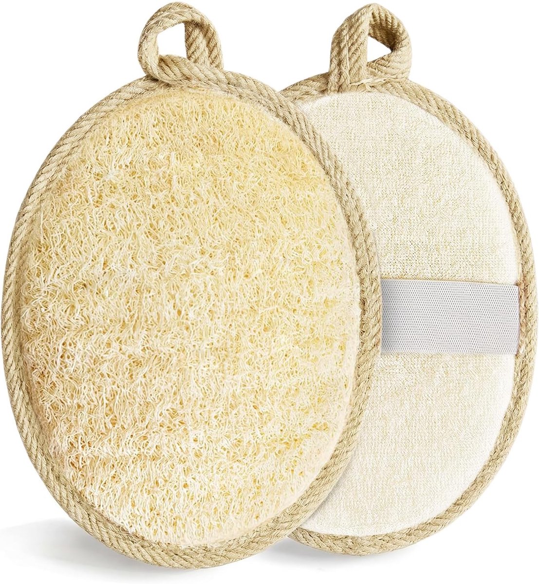 2 stuks natuurlijke spons voor lichaamscrub, natuurlijke loofa-sponzen, reinigingssponzen, natuurlijk, biologisch afbreekbaar, herbruikbare loofah-spons voor dames en heren, beige