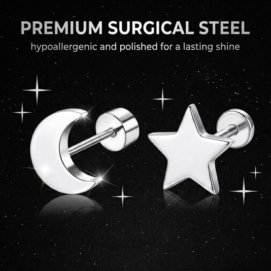 12 paar roestvrijstalen oorbellen voor dames en heren, oorpiercing met glanzende zirkonia, hypoallergeen, voor tragus, helix, lobe, staalkleur — afbeelding 2