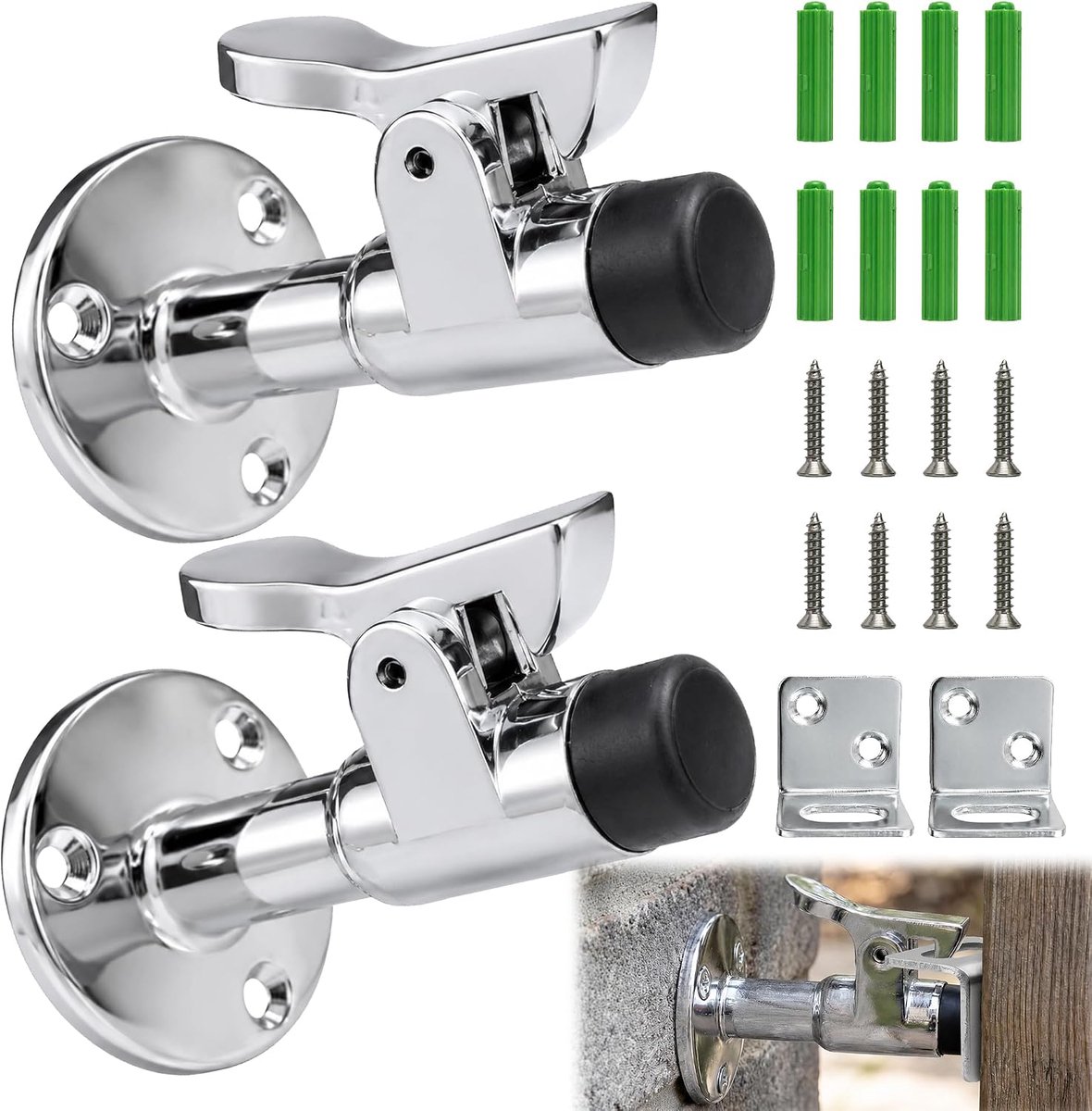 2 x deurhouders van roestvrij staal | Inklapbare deurstopper voor wandmontage, met rubberen stopper, voor buitendeuren, garages, terrassen en zware deuren