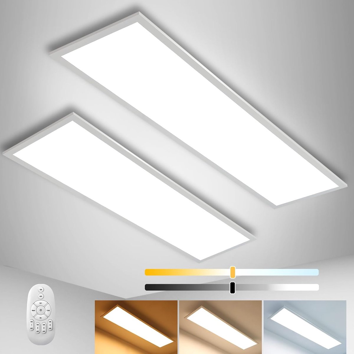 2 stuks led-plafondlamp, dimbaar, 100 x 25 cm, met afstandsbediening, 28 W, plafondlamp met sterke helderheid, 2700 K - 6500 K, dunne plafondlamp voor kantoor en woonkamer
