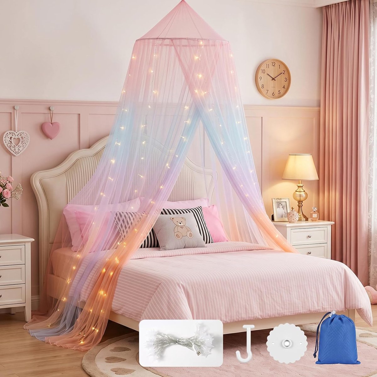 Klamboe met kleurrijke ledlampen, koepelvorm, regenboogkleuren, opvouwbaar, fijn net, voor tweepersoonsbed, 60 x 250 x 1200 cm, prinsessenstijl