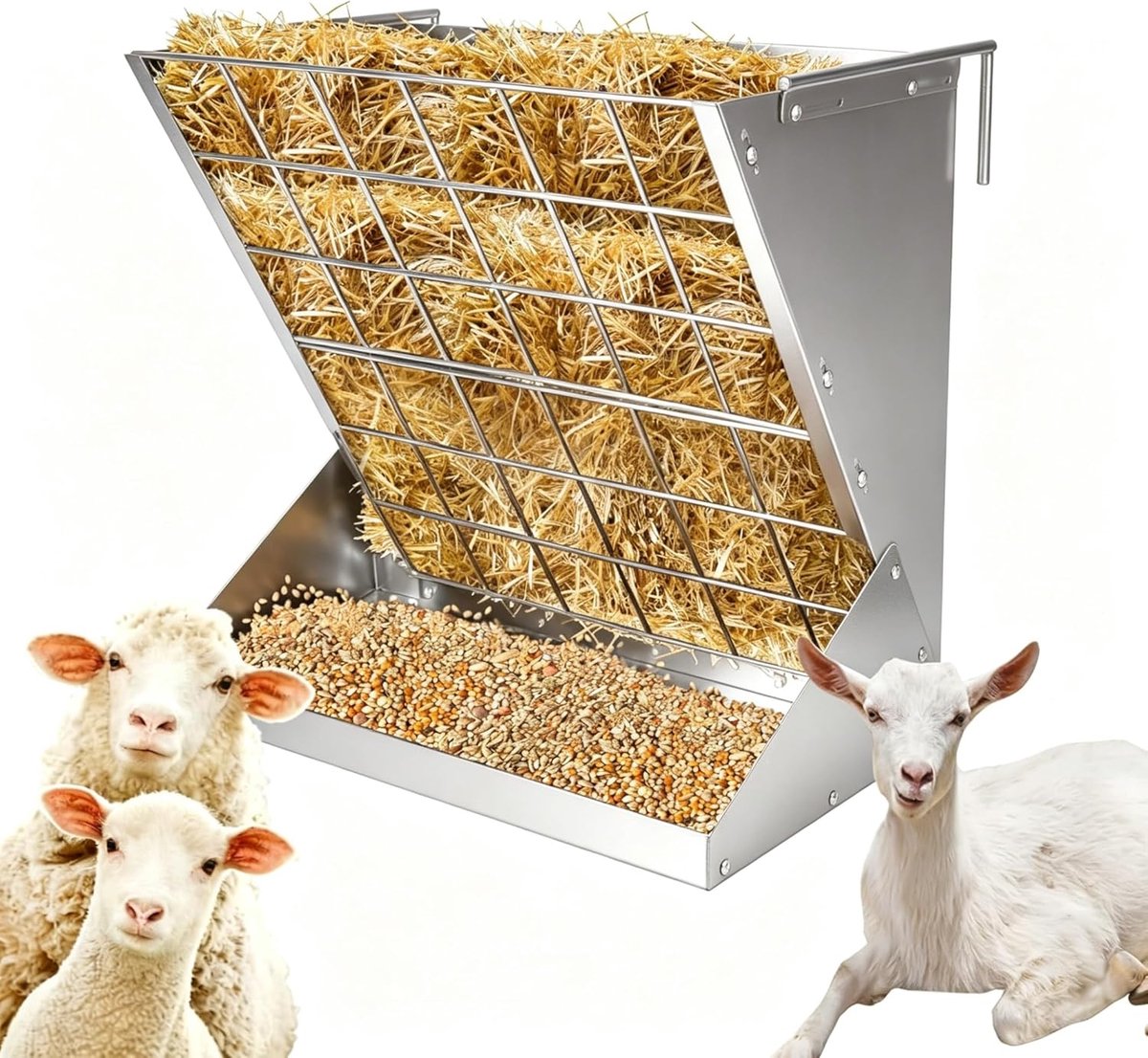 Hooitrog voor schapen en geiten - grote metalen voerbak - met voederrooster en haken - duurzaam en robuust - SnelShoppen