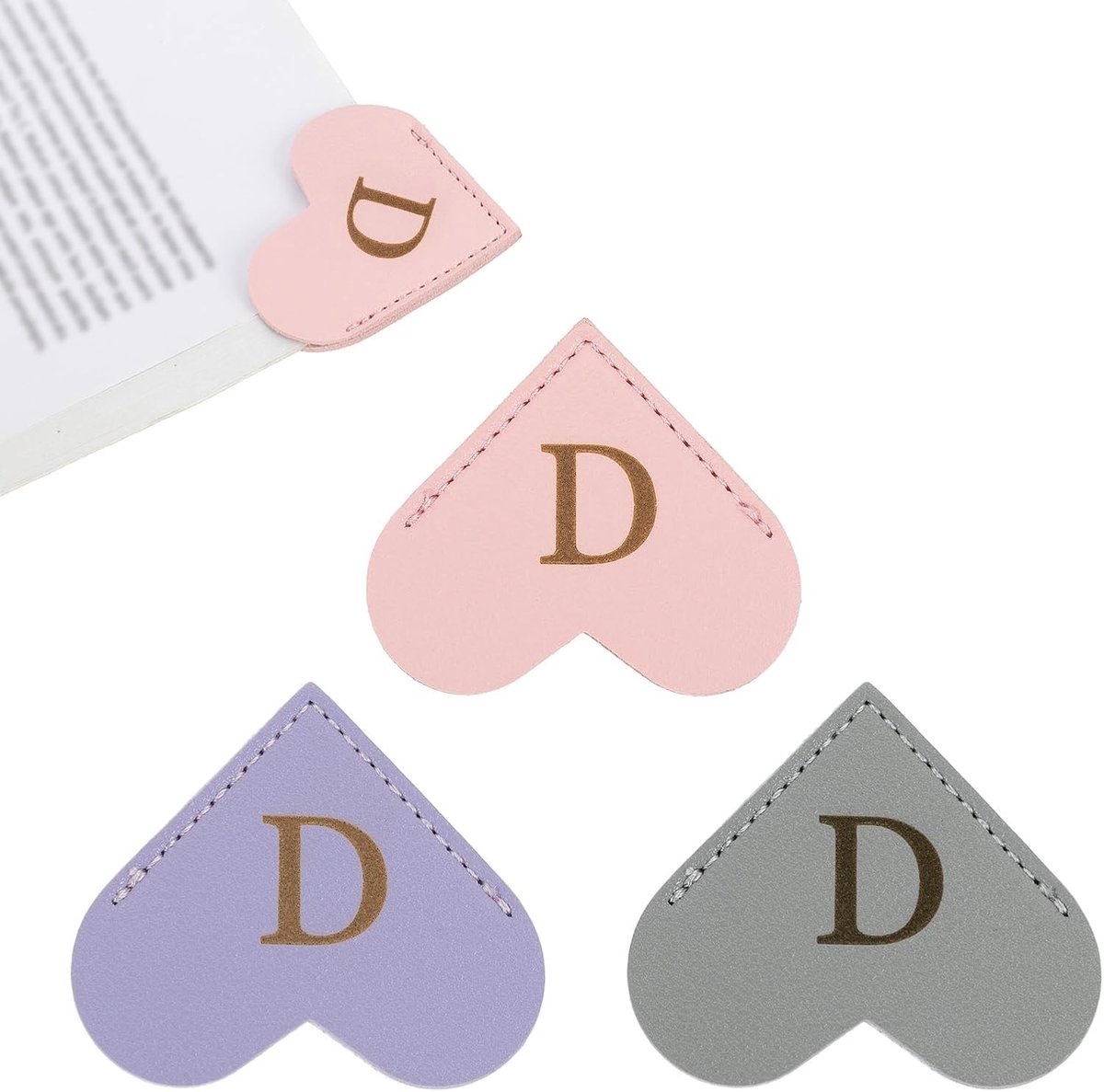 Initial D Hoek Bladwijzers, 3 Stks Hartvorm Lederen Boek Marks Pagina Markers Leuke Pagina Clip voor Mannen Vrouwen Leraar Lezer Boek Lover Schrijvers, Roze Paars Grijs
