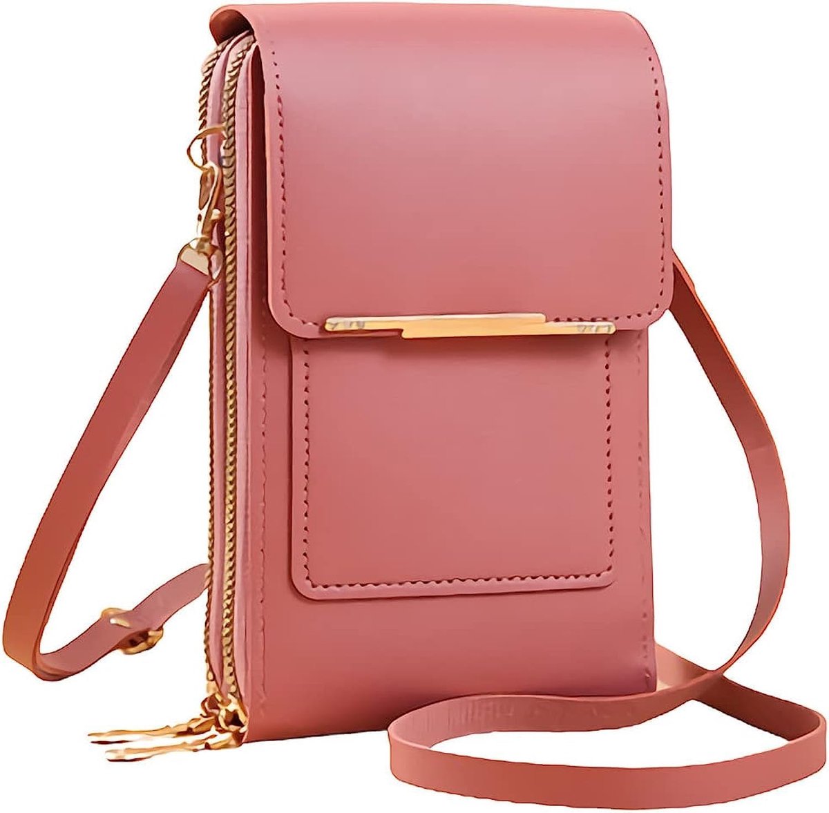 Kleine lichtgewicht PU lederen crossbody mobiele telefoon portemonnee voor vrouwen, mobiele telefoon portemonnee crossbody met touchscreen (donkerroze)