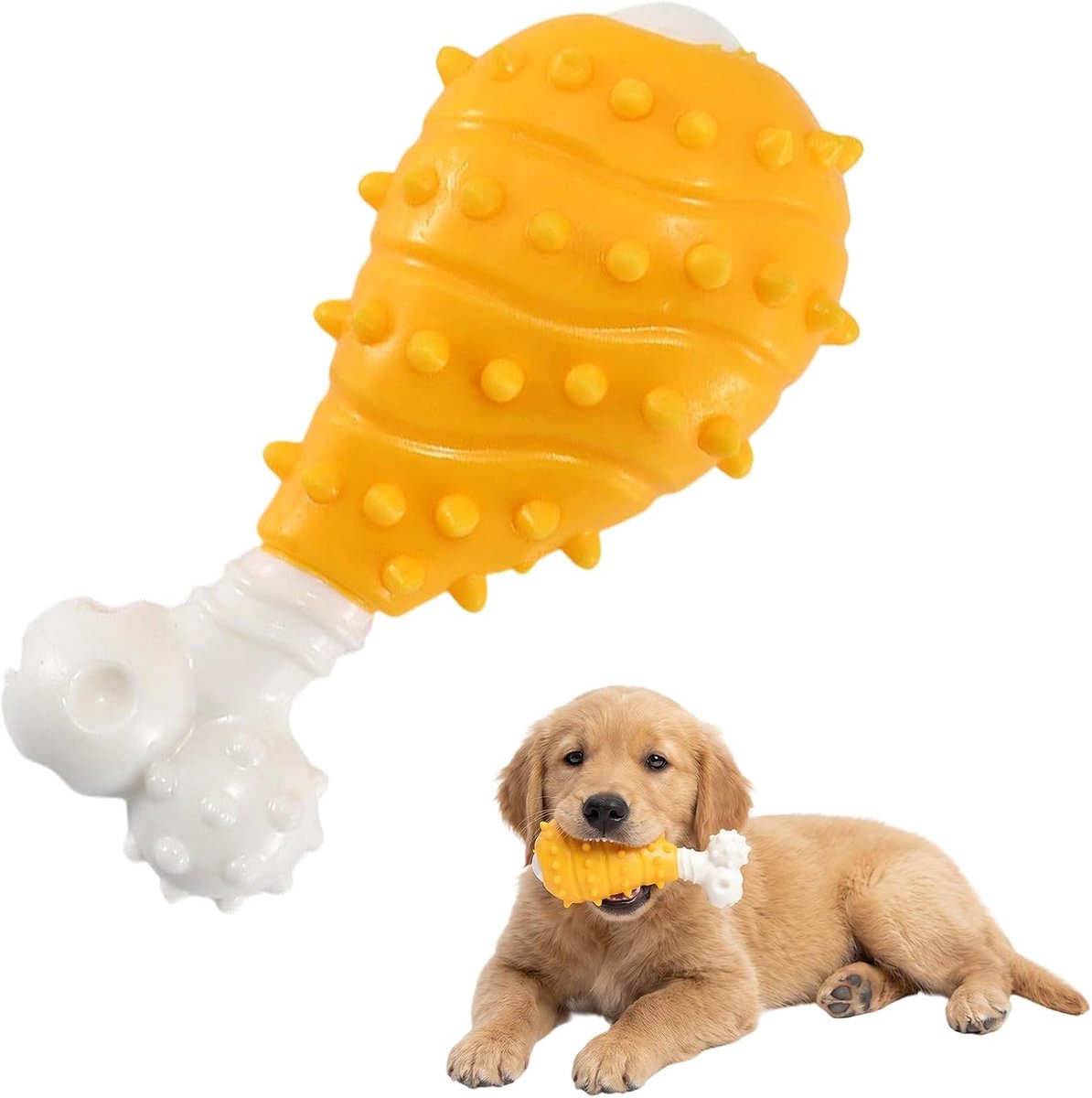 Hondenspel met geluid in de vorm van een kippenbeen, robuust siliconen speelgoed voor kleine en middelgrote honden, ideaal voor kauwen en interactief spelen, geel, 13 x 6 cm