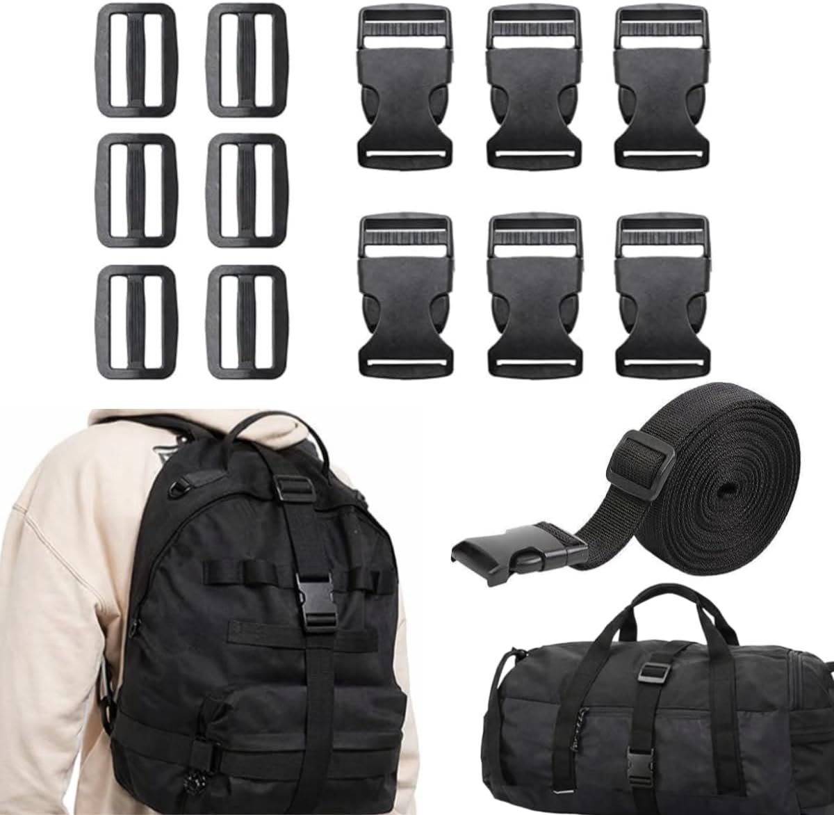 6 paar klikgespen met 6 m nylon band – verstelbare riemgespen set 2 cm breed – duurzame steeksluitingen voor rugzakken, bagage, huisdierenriemen en doe-het-zelf projecten