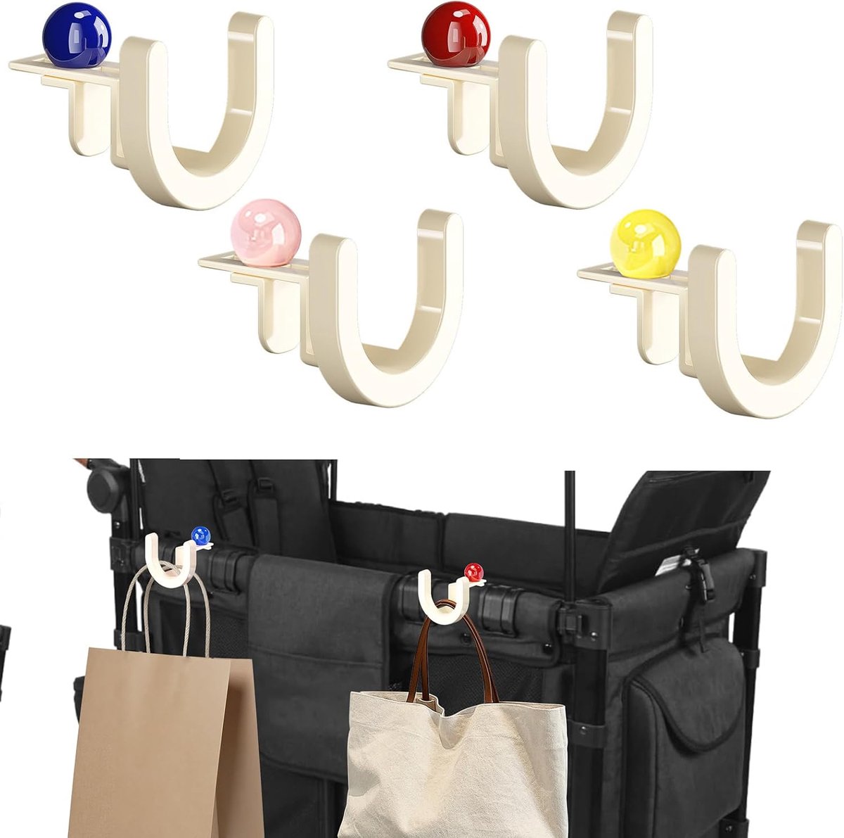 Kinderwagenhaken met 1,8-4,9 cm klembreedte, belastbaarheid tot 3 kg, kleurrijke kampeerhaken, organizer voor boodschappen en luiertassen