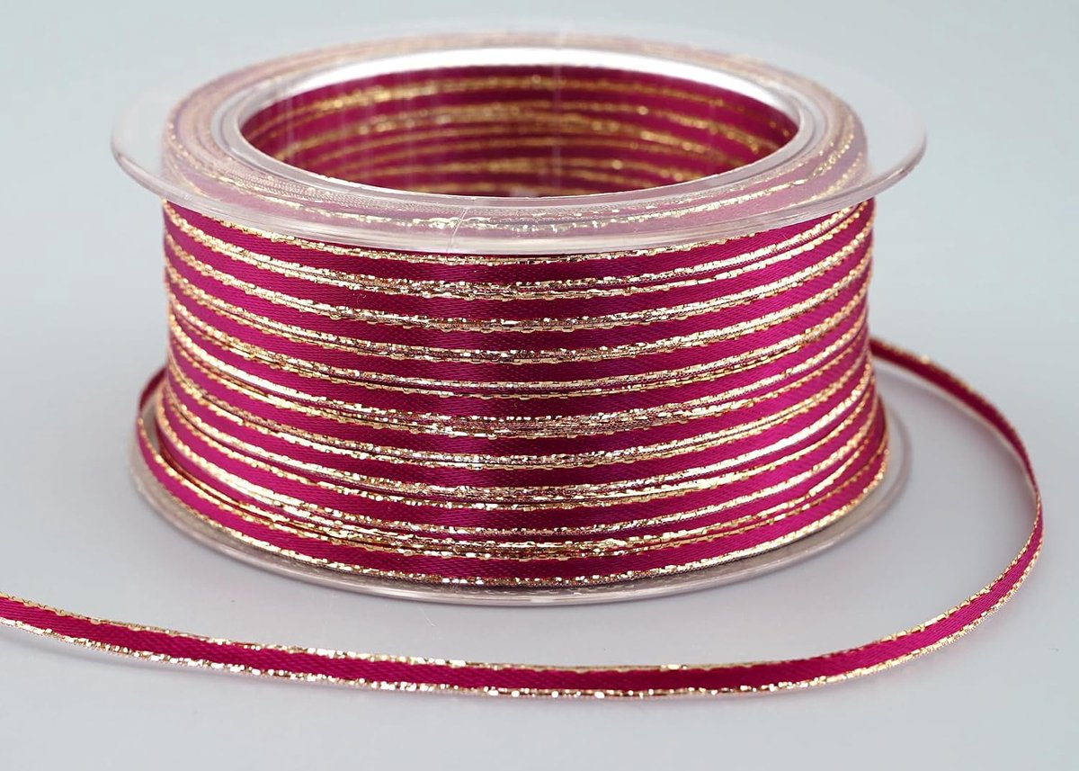 100 m x 3 mm satijnen lint dun met gouden randen roze fuchsia goud dubbelzijdig lint van satijn met lurex glanzend zonder draad Kerstmis decoreren knutselen kerstdecoratie