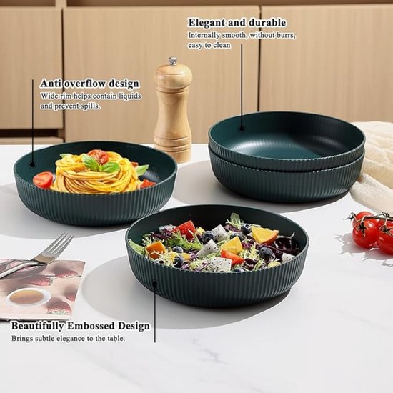 PromoHome Pasta Saladeborden Set van 4 - 1,1L Diepe Borden - Onbreekbaar Kunststof, Vaatwasserbestendig - voor Thuis, Restaurant, Camping en Picknick - Donkergroen — afbeelding 3