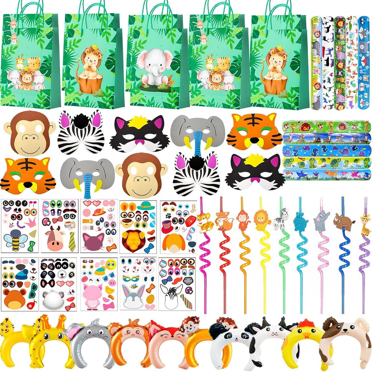 Jungle Safari feestartikelen 60 stuks - Dieren thema - Slap bracelets, opblaasbare hoofdbanden, masks - ShopVlot