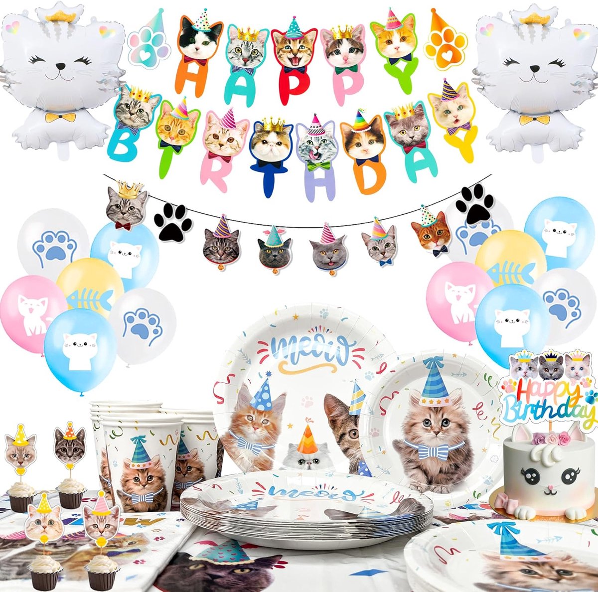Verjaardag versiering set - 93-delige katten thema - Feestborden, Servetten, Bekers - Voor een schattig kattenfeest - ShopVlot