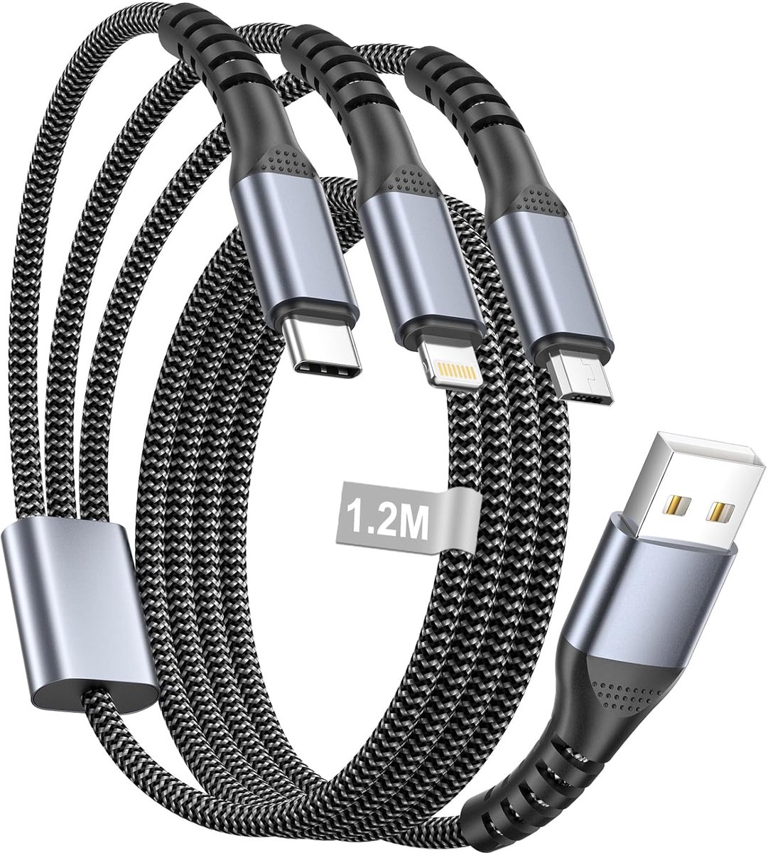 USB-kabel 1.2M - nylon - multi embout 3 in 1 - snelle oplading - ShopVlot