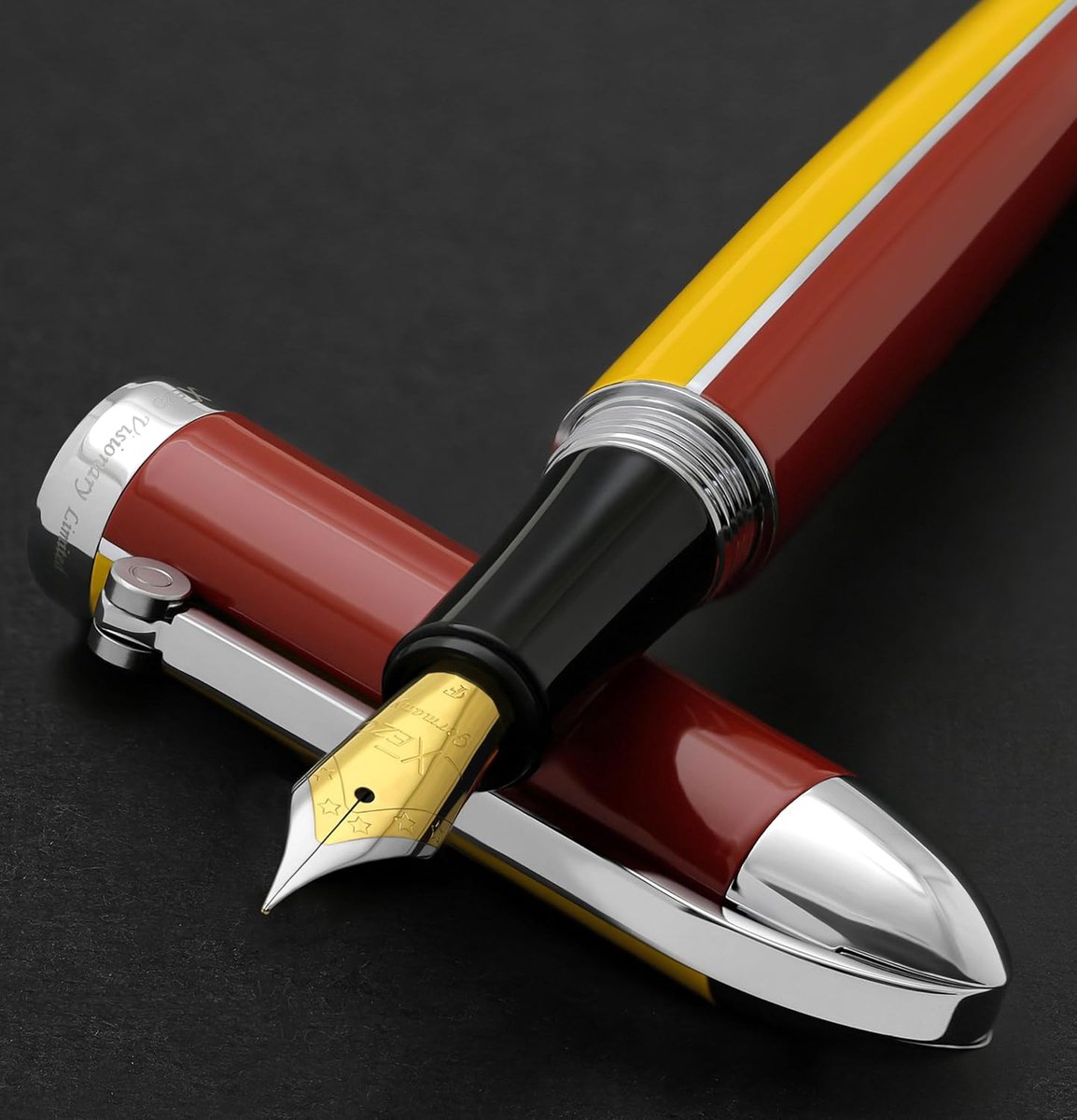 Vulpen met fijne nib - handgeschilderd in aspen geel en rood - retrofuturistisch design - ShopVlot