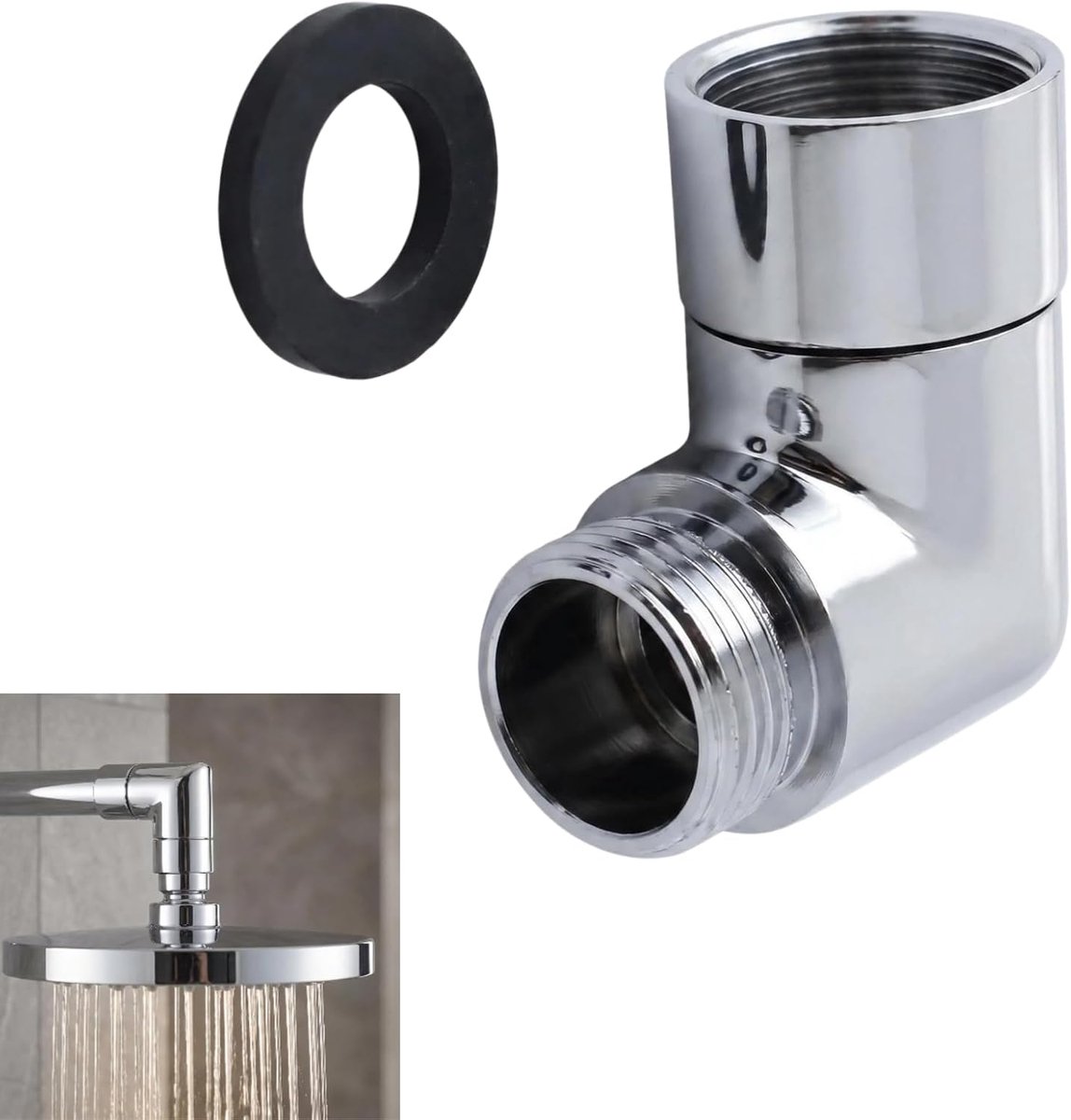 Doucheslangadapter 90 graden - zilver - rubberen afdichting - veilige verbinding - ShopVlot