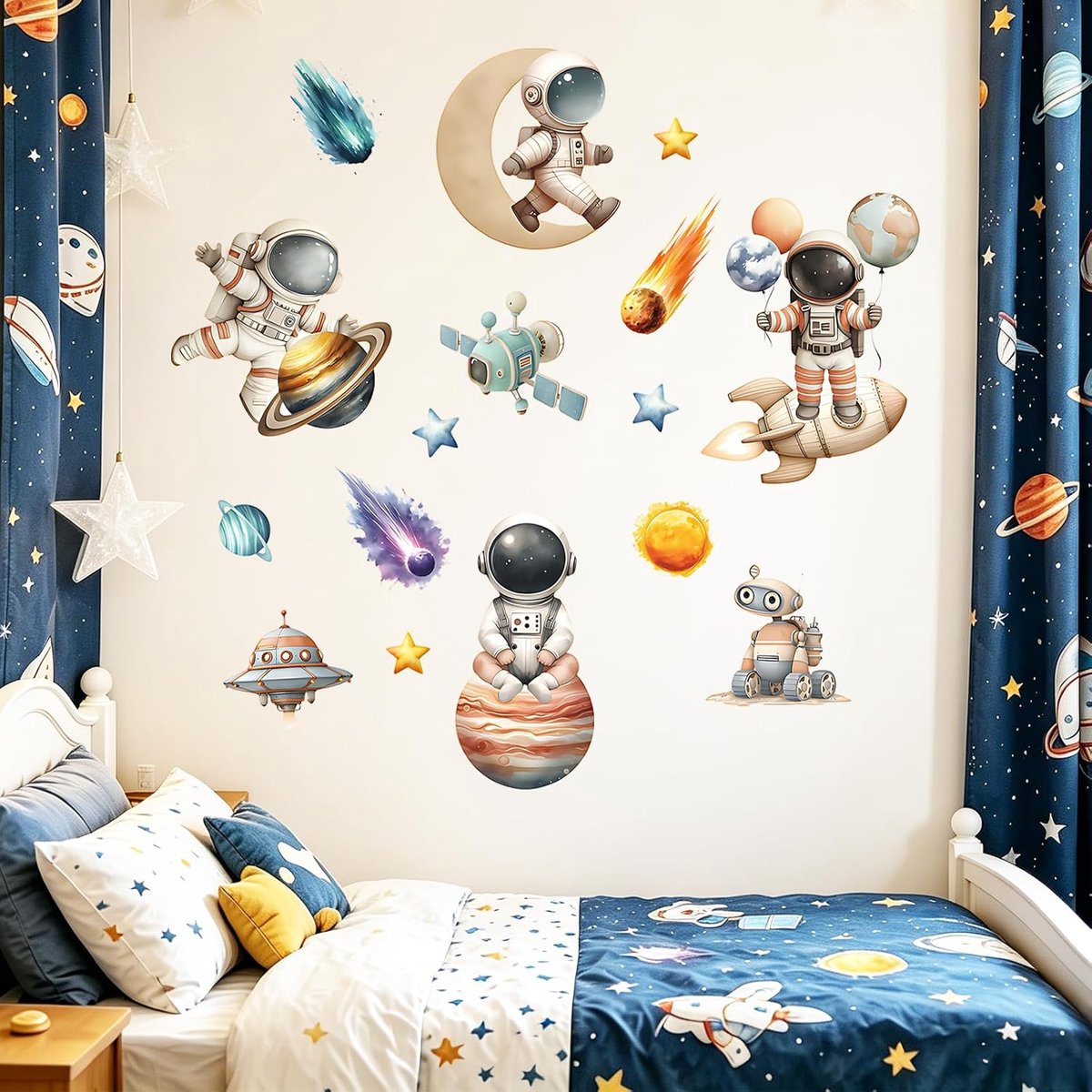 Muursticker ruimte met astronaut en planeten - zelfklevend - kleurrijke ruimte decoratie - ideaal voor kinderkamer - ShopVlot