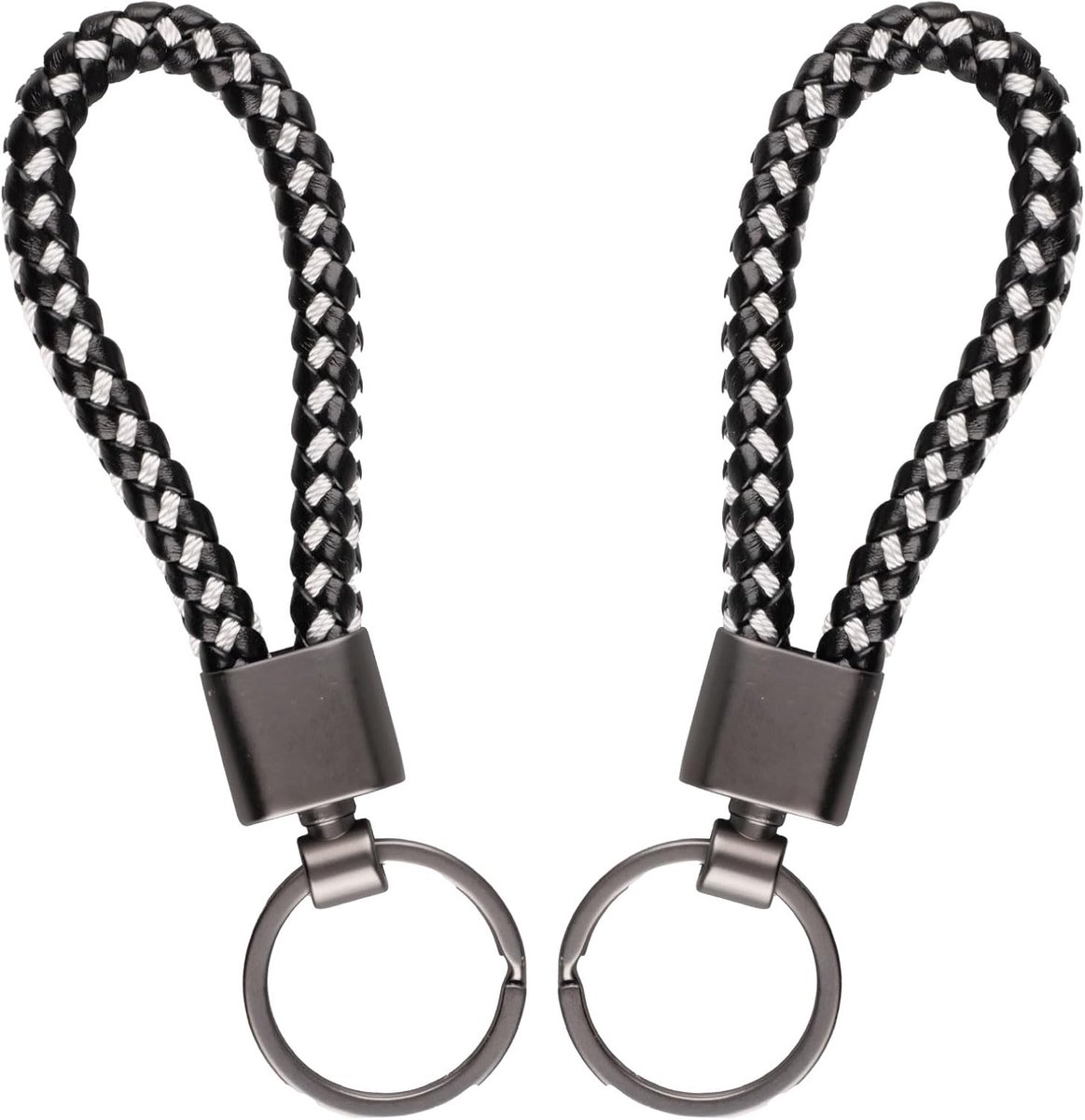 Autosleutelhanger set van 2 - Zwart en wit - Gevlochten leer - Ideaal voor auto en motor - ShopVlot