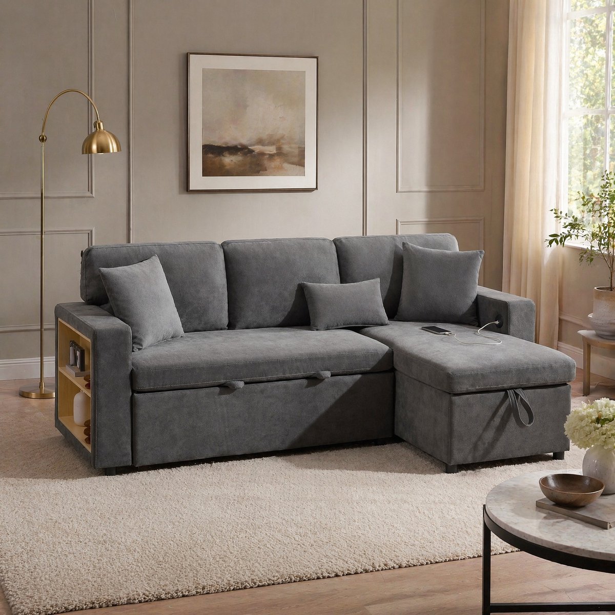 MEUNIQ Hoekbank slaapbank in L-vorm 214 x 131 x 87 cm met opbergruimte, USB-aansluiting en 3 kussens, donkergrijs