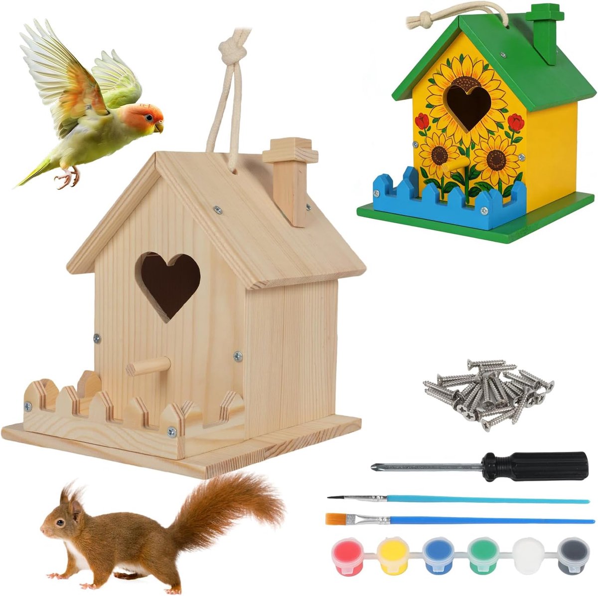 Houten vogelhuisjes voor de tuin - doe-het-zelf kits - kunsthandwerk - unieke decoratie - ShopVlot