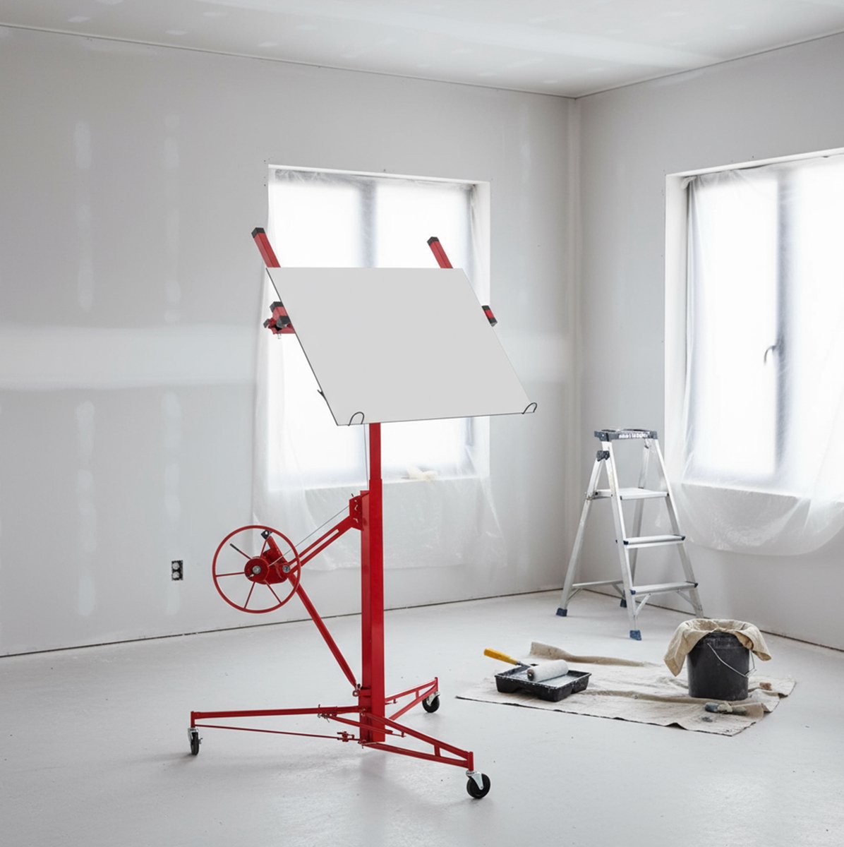 MIVRAY Platenheffer – Verstelbare Werkhoogte 140 Tot 350 Cm – 68 Kg Draagvermogen – Metaal – Rood – Voor Gipsplaten En Plafondmontage