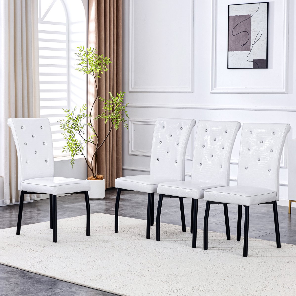 Set Van 4 Eetkamerstoelen 101 Cm - Retro Design Met Kristalknopdetails - Voor Eetkamer, Keuken En Bar - Kunstleer - Wit Zwart
